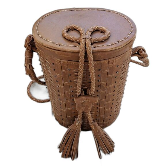 Cleobella Handbags - RARE! Cleobella Woven Studded Leather Vertical Cylinder Tan Crossbody Bucket Bag